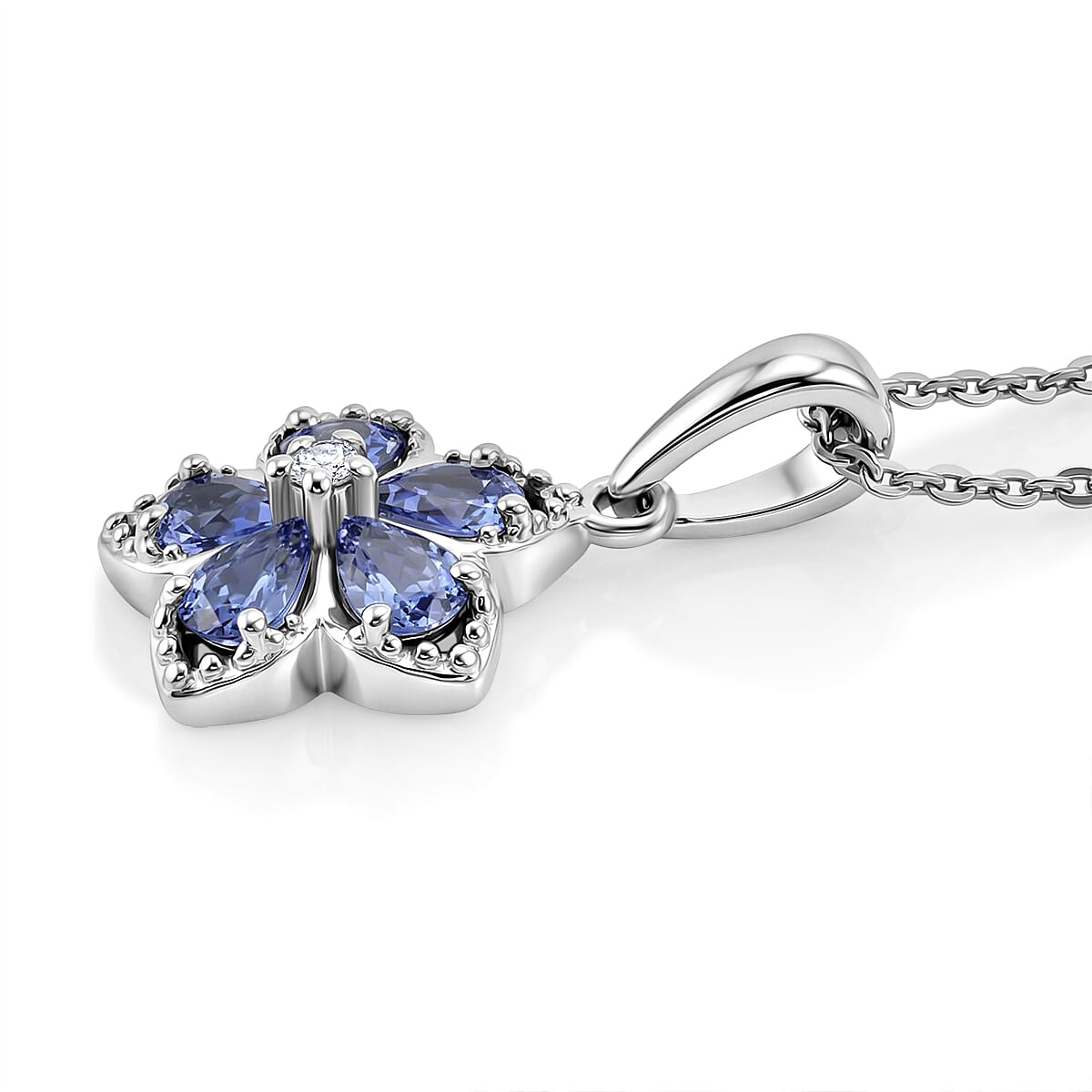 D'Joy Tanzanite and Moissanite 0.75 ctw Floral Bloom Pendant Necklace in Rhodium Over Sterling Silver 20 Inches