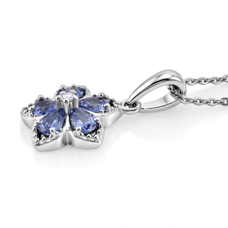 D'Joy Tanzanite and Moissanite 0.75 ctw Floral Bloom Pendant Necklace in Rhodium Over Sterling Silver 20 Inches