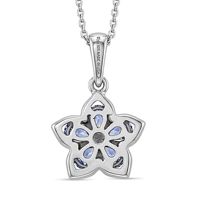 D'Joy Tanzanite and Moissanite 0.75 ctw Floral Bloom Pendant Necklace in Rhodium Over Sterling Silver 20 Inches