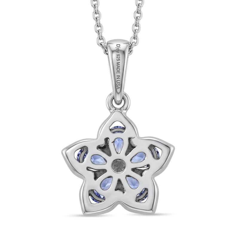 D'Joy Tanzanite and Moissanite 0.75 ctw Floral Bloom Pendant Necklace in Rhodium Over Sterling Silver 20 Inches
