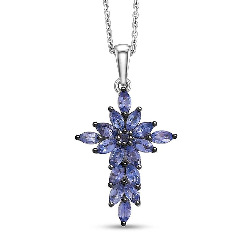 D'Joy Tanzanite 1.50 ctw Royal Spark Cross Pendant Necklace in Rhodium Over Sterling Silver 20 Inches