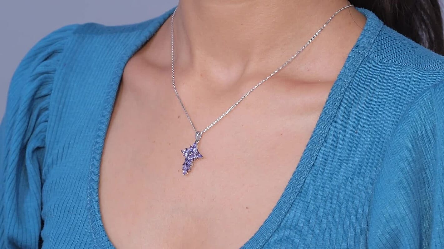 D'Joy Tanzanite 1.50 ctw Royal Spark Cross Pendant Necklace in Rhodium Over Sterling Silver 20 Inches