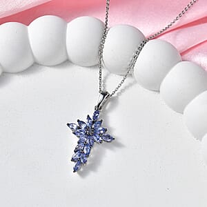 D'Joy Tanzanite 1.50 ctw Royal Spark Cross Pendant Necklace in Rhodium Over Sterling Silver 20 Inches 