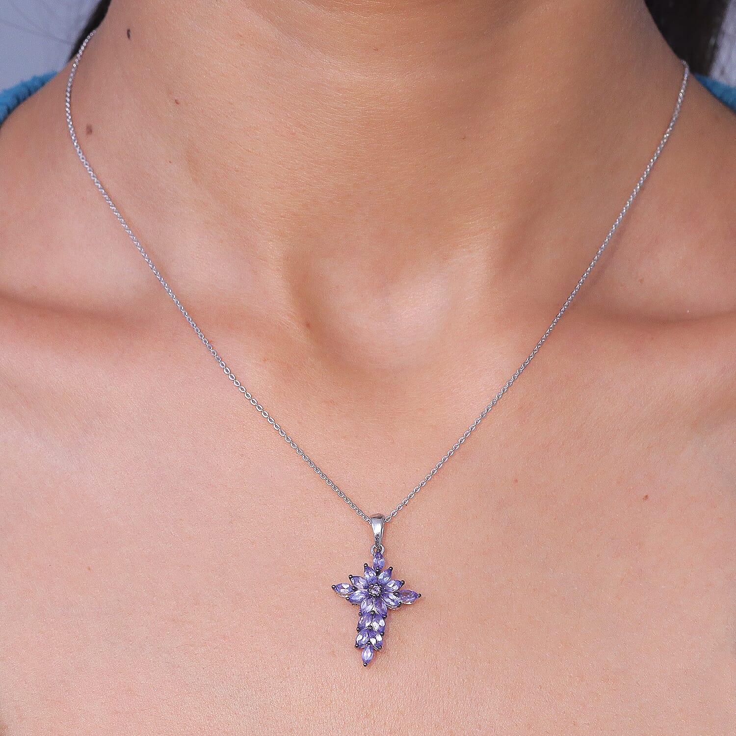 D'Joy Tanzanite 1.50 ctw Royal Spark Cross Pendant Necklace in Rhodium Over Sterling Silver 20 Inches