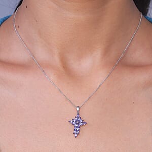 D'Joy Tanzanite 1.50 ctw Royal Spark Cross Pendant Necklace in Rhodium Over Sterling Silver 20 Inches 