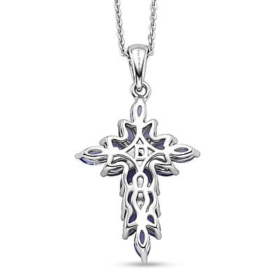 D'Joy Tanzanite 1.50 ctw Royal Spark Cross Pendant Necklace in Rhodium Over Sterling Silver 20 Inches
