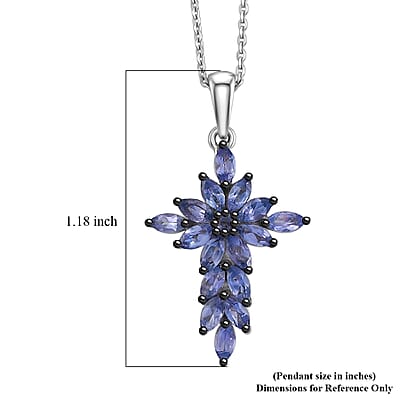 D'Joy Tanzanite 1.50 ctw Royal Spark Cross Pendant Necklace in Rhodium Over Sterling Silver 20 Inches