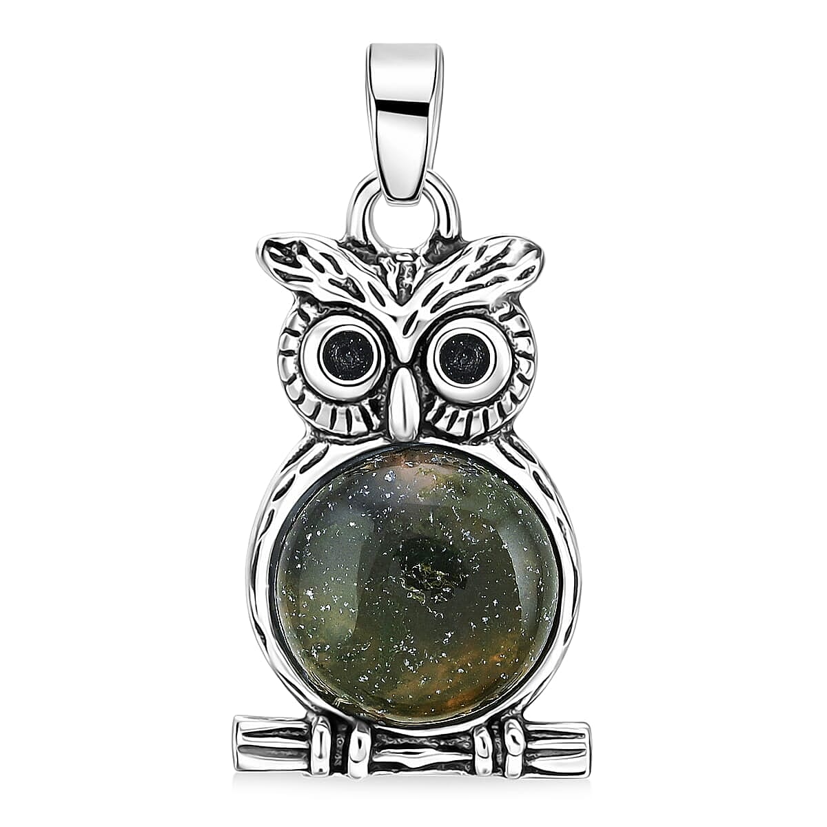 Aventurine Small Owl Pendant in Silvertone with Stainless Steel Necklace (20 Inches) 8.00 ctw