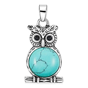 Turquoise Jasper 8.00 ctw Small Owl Pendant in Silvertone with Stainless Steel Necklace (20 Inches)
