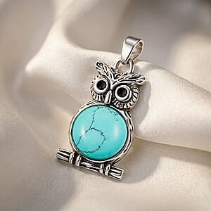 Turquoise Jasper 8.00 ctw Small Owl Pendant in Silvertone with Stainless Steel Necklace (20 Inches)