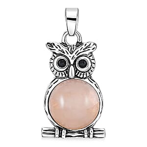 Galilea Rose Quartz 8.00 ctw Small Owl Pendant in Silvertone with Stainless Steel Necklace (20 Inches)