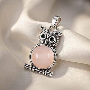Galilea Rose Quartz 8.00 ctw Small Owl Pendant in Silvertone with Stainless Steel Necklace (20 Inches)