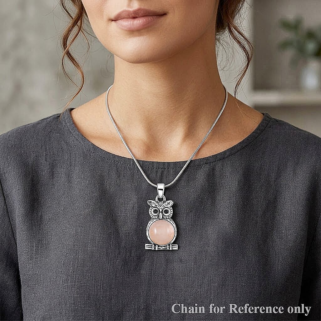 Galilea Rose Quartz 8.00 ctw Small Owl Pendant in Silvertone with Stainless Steel Necklace (20 Inches)