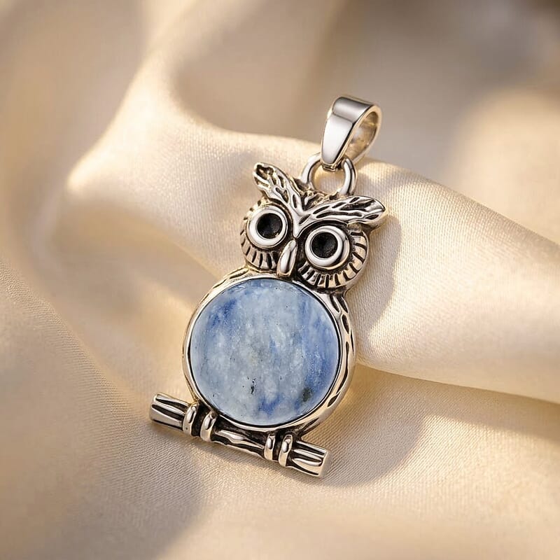 Sodalite 8.00 ctw Small Owl Pendant in Silvertone with Stainless Steel Necklace (20 Inches)