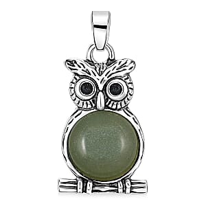 Green Aventurine 8.00 ctw Small Owl Pendant in Silvertone with Stainless Steel Necklace (20 Inches)