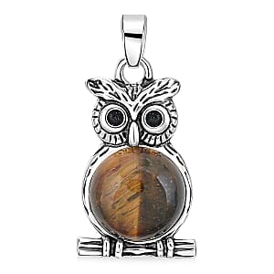 Tigers Eye 8.00 ctw Small Owl Pendant in Silvertone with Stainless Steel Necklace (20 Inches)