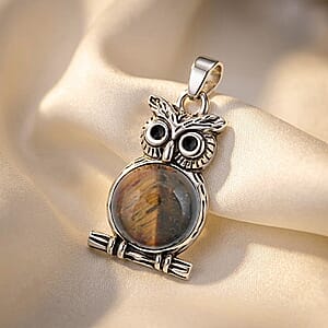 Tigers Eye 8.00 ctw Small Owl Pendant in Silvertone with Stainless Steel Necklace (20 Inches)