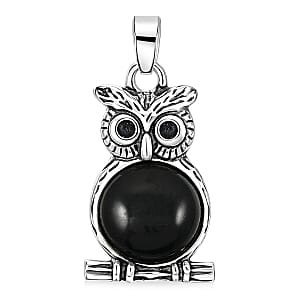 Black Onyx 8.00 ctw Small Owl Pendant in Silvertone with Stainless Steel Necklace (20 Inches)