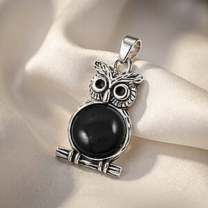 Black Onyx 8.00 ctw Small Owl Pendant in Silvertone with Stainless Steel Necklace (20 Inches)