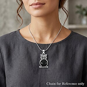 Black Onyx 8.00 ctw Small Owl Pendant in Silvertone with Stainless Steel Necklace (20 Inches)