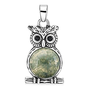 Prehnite 8.00 ctw Small Owl Pendant in Silvertone with Stainless Steel Necklace (20 Inches)