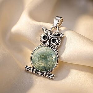 Prehnite 8.00 ctw Small Owl Pendant in Silvertone with Stainless Steel Necklace (20 Inches)