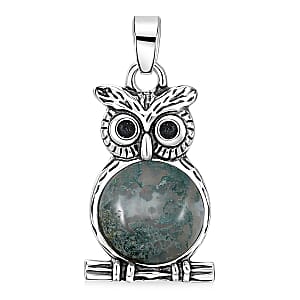 Moss Agate 8.00 ctw Small Owl Pendant in Silvertone with Stainless Steel Necklace (20 Inches)