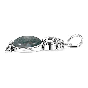 Moss Agate 8.00 ctw Small Owl Pendant in Silvertone with Stainless Steel Necklace (20 Inches)