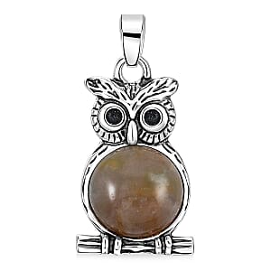 Aragonite 8.00 ctw Small Owl Pendant in Silvertone with Stainless Steel Necklace (20 Inches)