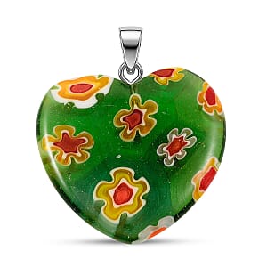 Green Murano Style Heart Pendant in Silvertone with Stainless Steel Necklace (20 Inches)