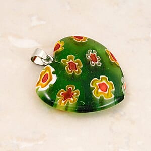 Green Murano Style Heart Pendant in Silvertone with Stainless Steel Necklace (20 Inches)