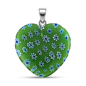 Green Murano Style Heart Pendant in Silvertone with Stainless Steel Necklace (20 Inches)