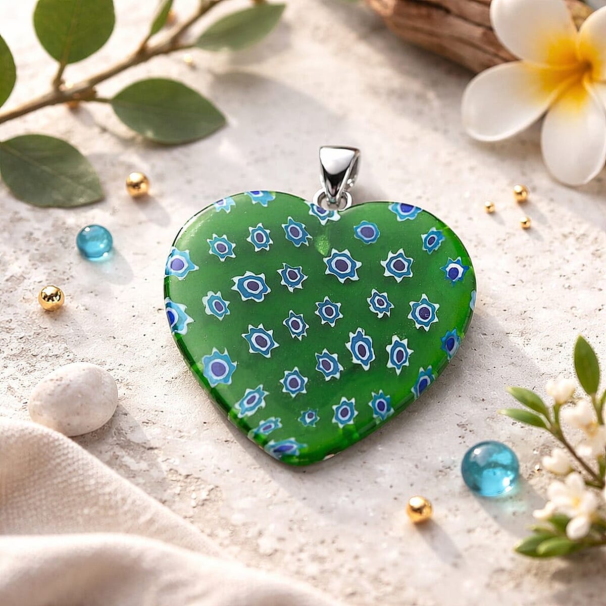 Green Murano Style Heart Pendant in Silvertone with Stainless Steel Necklace (20 Inches) image number 1