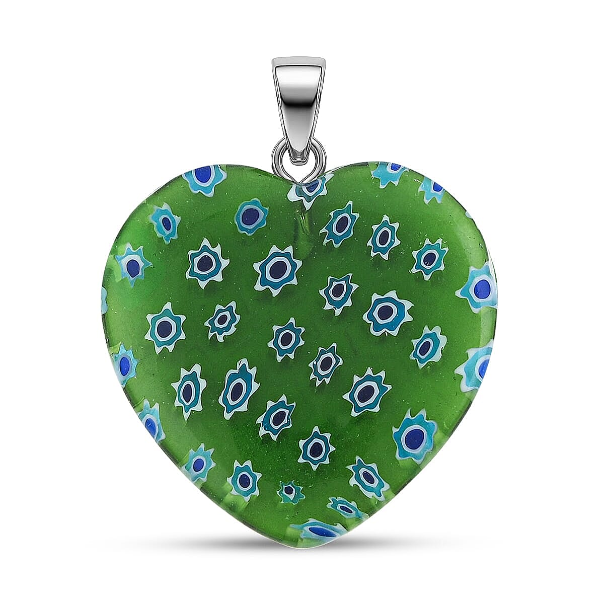 Green Murano Style Heart Pendant in Silvertone with Stainless Steel Necklace (20 Inches)