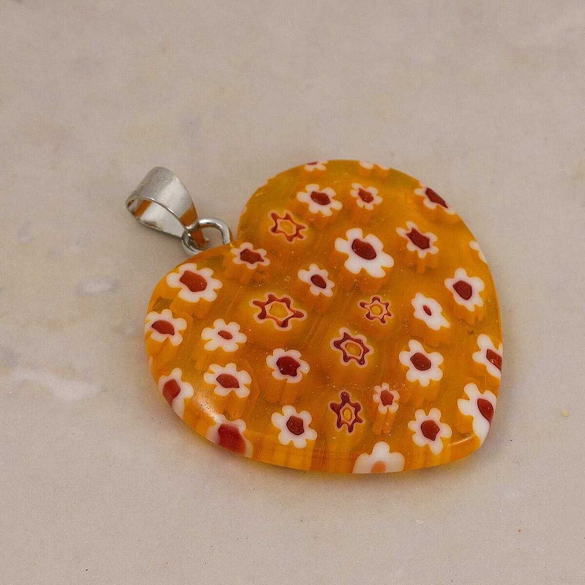 Yellow Murano Style Heart Pendant in Silvertone with Stainless Steel Necklace (20 Inches) image number 1