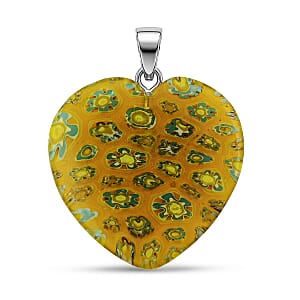 Yellow Rainbow Murano Style Heart Pendant in Silvertone with Stainless Steel Necklace (20 Inches)