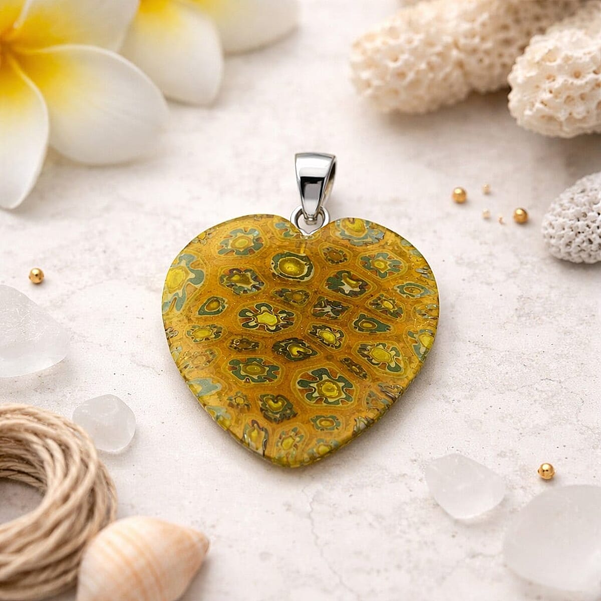 Yellow Rainbow Murano Style Heart Pendant in Silvertone with Stainless Steel Necklace (20 Inches) image number 1
