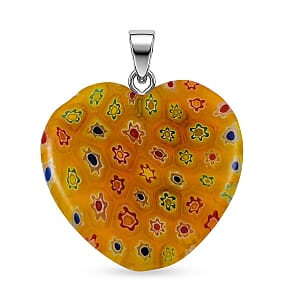 Yellow Rainbow Murano Style Heart Pendant in Silvertone with Stainless Steel Necklace (20 Inches)
