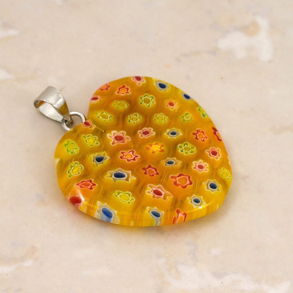Yellow Rainbow Murano Style Heart Pendant in Silvertone with Stainless Steel Necklace (20 Inches) image number 1