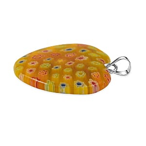 Yellow Rainbow Murano Style Heart Pendant in Silvertone with Stainless Steel Necklace (20 Inches)