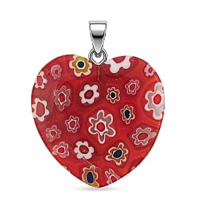 Red Rainbow Murano Style Heart Pendant in Silvertone with Stainless Steel Necklace (20 Inches)