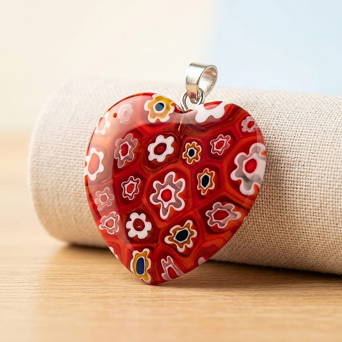 Red Rainbow Murano Style Heart Pendant in Silvertone with Stainless Steel Necklace (20 Inches) image number 1