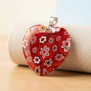 Red Rainbow Murano Style Heart Pendant in Silvertone with Stainless Steel Necklace (20 Inches)