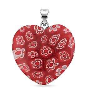 Red Murano Style Heart Pendant in Silvertone with Stainless Steel Necklace (20 Inches)