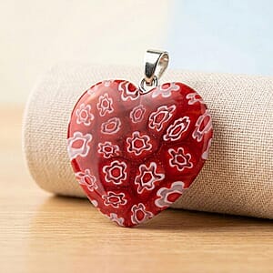 Red Murano Style Heart Pendant in Silvertone with Stainless Steel Necklace (20 Inches)