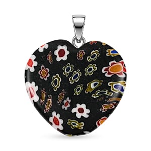 Black Rainbow Murano Style Heart Pendant in Silvertone with Stainless Steel Necklace (20 Inches)