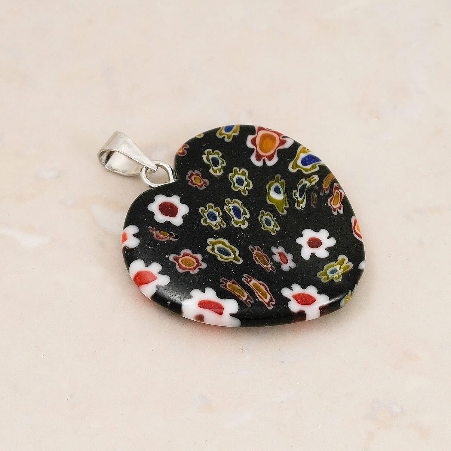 Black Rainbow Murano Style Heart Pendant in Silvertone with Stainless Steel Necklace (20 Inches)