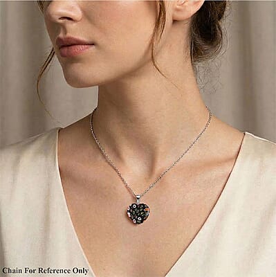 Black Rainbow Murano Style Heart Pendant in Silvertone with Stainless Steel Necklace (20 Inches)