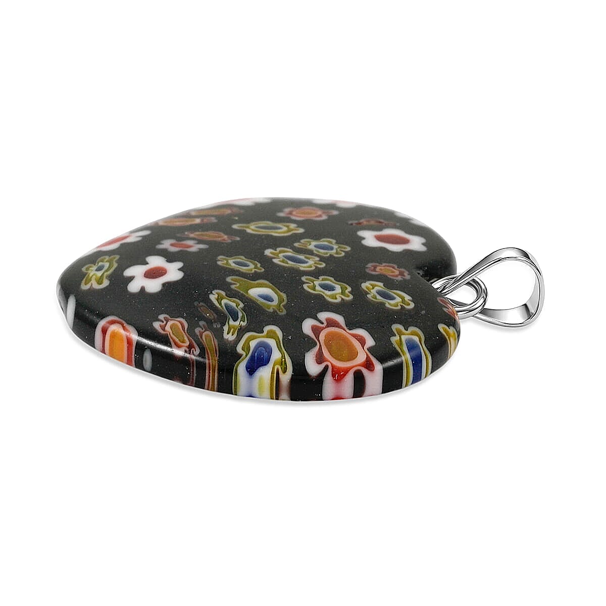 Black Rainbow Murano Style Heart Pendant in Silvertone with Stainless Steel Necklace (20 Inches) image number 3