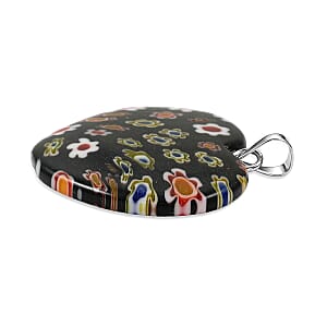 Black Rainbow Murano Style Heart Pendant in Silvertone with Stainless Steel Necklace (20 Inches)